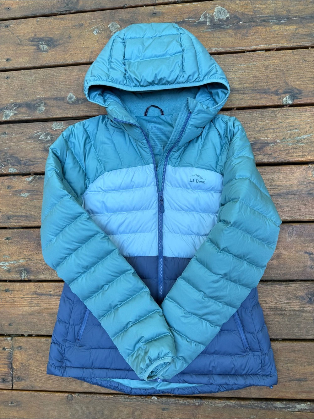 L.L. Bean Bean Down Hooded Jacket l, Colorblock - Picture 4 of 5
